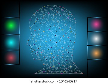 head of man polygon white color and colorful dot on black green background with colorful lighting. brain creative thinking system process. human technology abstract background vector illustration