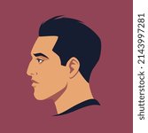 Head of man in profile. Portrait of brunet man. Avatar of brutal man for social networks. Abstract male portrait, face side view. Stock vector illustration.