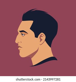 Head of man in profile. Portrait of brunet man. Avatar of brutal man for social networks. Abstract male portrait, face side view. Stock vector illustration.