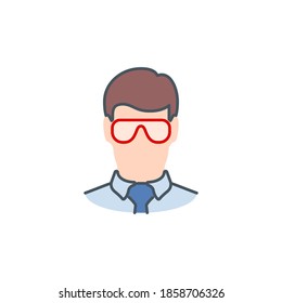 head man in protective glasses single line icon isolated on white. Perfect outline symbol Coronavirus Covid19 disease prevention pandemic banner. Quality design element quarantine with editable Stroke