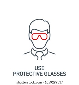 Kopf Mann in Schutzbrille Einzeilensymbol einzeln auf Weiß. Perfekter Umriss-Symbol Coronavirus Covid19 Krankheitsprävention Pandemie Banner. Qualitätsdesign-Element-Quarantäne mit bearbeitbarem Stroke