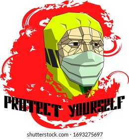 Cabeza de un hombre con una máscara protectora y una capucha sobre un fondo rojo abstracto y el texto "protégete". Concepto creativo que requiere medidas cautelares durante la epidemia de coronavirus.