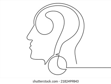 The head of a man with a question mark is drawn by a single black line on a white background. Continuous line drawing. Vector illustration.