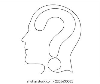The head of a man with a question mark is drawn by a single black line on a white background. Continuous line drawing. Vector illustration.