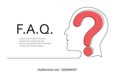 The head of a man with a question mark. FAQ is drawn by a single black line on a white background. Continuous line drawing. Vector illustration.