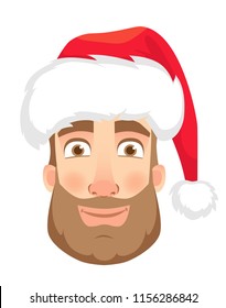 Head of a man in a Santa Claus hat. Man face expression. Human emotions. Set of cartoon vector illustrations. Smile