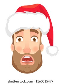 Head of a man in a Santa Claus hat. Man face expression. Human emotions. Set of cartoon vector illustrations. Surprised