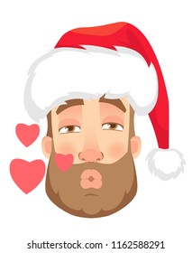 Head of a man in a Santa Claus hat. Man face expression. Human emotions. Set of cartoon vector illustrations. Enamored