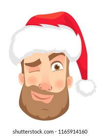 Head of a man in a Santa Claus hat. Man face expression. Human emotions. Set of cartoon vector illustrations. Satisfied