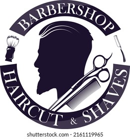 Kopf eines Mannes und Schere mit Kamm. Männlicher Friseur und Friseursalon