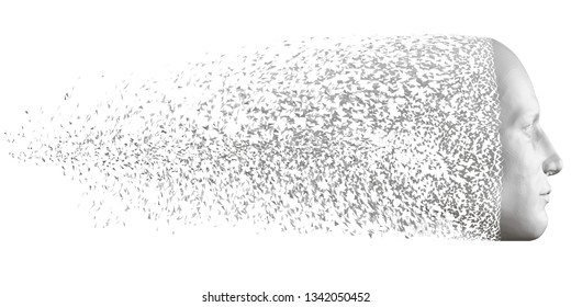 Head of a man shatters into small pieces. Side view. The man face collapses. 3D. Vector illustration.