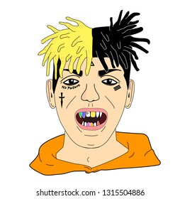 Head Of A Man With Tattoos In His Face, Decorated Teeth Colors And Dreadlocks. Trap Rapper, Bad Guy With Orange Sweatshirt. Vector Or Illustration.