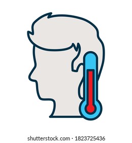 head of man and thermometer icon over white background, line and fill style, vector illustration