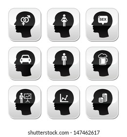Head, man thoughts vector buttons set