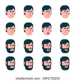 The head of a man with various emotions in slightly turned. Variants with a beard and without. Flat style.
