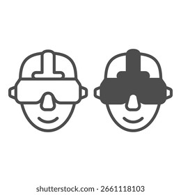 Cabeza de hombre en línea de gafas VR e icono sólido, concepto de equipo óptico. Gráficos de Vector. Cabeza humana en signo de gafas de realidad virtual sobre fondo blanco, icono de estilo de contorno para móvil o Diseño web