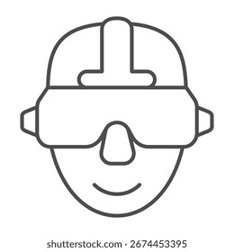 Kopf des Menschen in VR-Brille dünne Linie Symbol, optische Ausrüstung Konzept. Vektorgrafiken. Menschlicher Kopf in Virtual-Reality-Brille Zeichen auf weißem Hintergrund, Umrissstil-Symbol für Mobil- oder Web-Design
