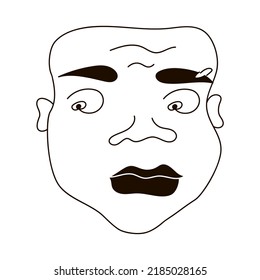 Head of a man with a wide face, ethnic portrait of an African in black and white colors. Stock vector image on white background, doodle style, one line. Isolated.