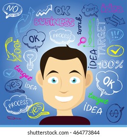 Head of Manager cartoon character. Concept of teamwork analyzing project on business meeting. Success, idea, growing, international business and strategy vector illustration. 
