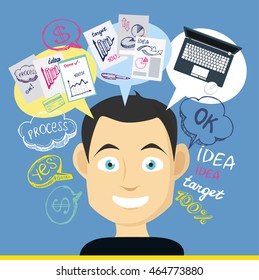 Head of Manager cartoon character. Concept of teamwork analyzing project on business meeting. Success, idea, growing, international business and strategy vector illustration. 