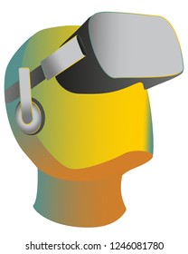 Head of a mannequin with glasses of virtual reality. Futuristic head with glasses of realistic reality. An illustration for advertising reality verbalion.