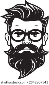 head of the manwith mustache and beard, wearing glasses, icon, vector