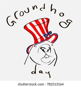 The head of a marmot in the cylinder of the color of the American flag, an artistic inscription The day of a marmot written by hand. Color vector illustration for a theme Groundhog Day.