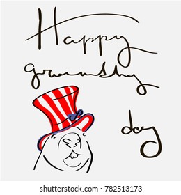 The head of a marmot in the cylinder of the color of the American flag, an artistic inscription The day of a marmot written by hand. Color vector illustration for a theme Groundhog Day.