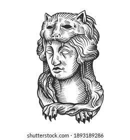 Una cabeza y una máscara. Se puede usar como dibujo de un tatuaje.