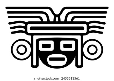 Head with mask large headdress, an ancient Mexican motif. Pre-Columbian, Aztec flat clay stamp motif, found in Tenochtitlan, the center of Mexico City. Isolated, black and white illustration. Vector