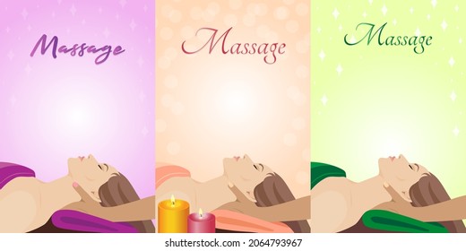 Head massage to a beautiful long-haired girl. A set of design templates in light green, beige and lilac colors. Vector illustration