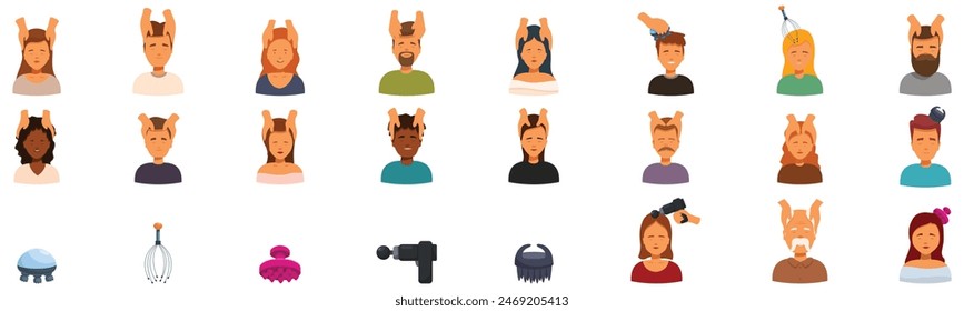 Conjunto de iconos de masaje de cabeza Vector. Una colección de caricaturas con una variedad de expresiones y peinados