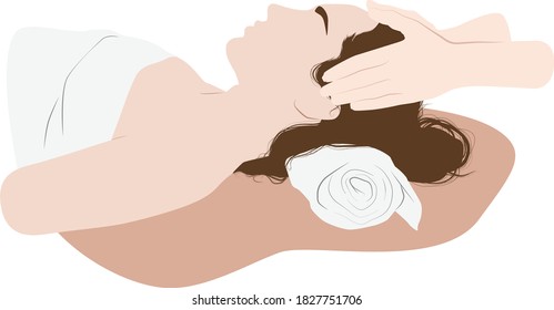 Head massage. Minimalistic illustration.  Beautiful girl has a facial massage in a beauty clinic. Relaxing massage.