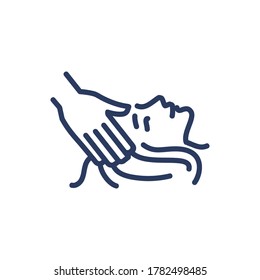 Head massage thin line icon. Woman, face, therapist hands isolated outline sign. Spa salon, body care, cosmetology concept. Vector illustration symbol element for web design and apps