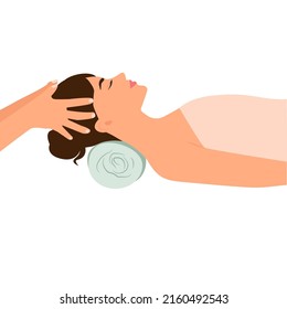 Head massage to a woman in a spa salon. The masseur massages the head, hair, scalp, face.  Lady enjoy   relaxing treatment, aromatherapy. Vector illustration