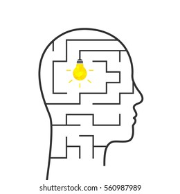 Head with maze and lightbulb inside as thinking concept