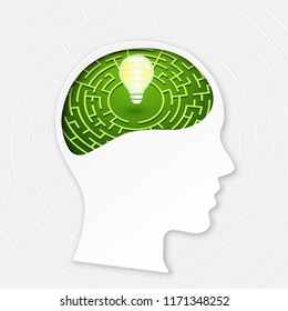 Cabeza con laberinto, laberinto mental, trabajo mental. Concepto de Ilustración vectorial para el pensamiento estratégico, la resolución de problemas, la creatividad, los negocios, la ciencia, la educación.
