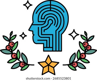 A head with a maze on it. The maze is surrounded by leaves and stars. The head is surrounded by a laurel wreath