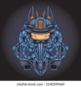 Head mecha cyberpunk warrior robot llustration for t shirt or badge. Perfect for design of t-shirts, stickers, merchandise, etc.