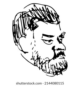 Head of a meddle aged bearded man. Male portrait. Hand drawn linear doodle rough sketch. Black silhouette on white background.