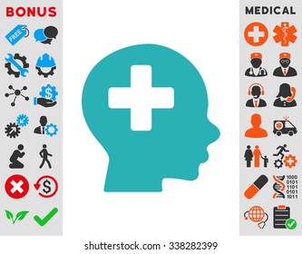 Head Medicine vector icon with bonus. Style is flat symbol, cyan color, rounded angles, white background.