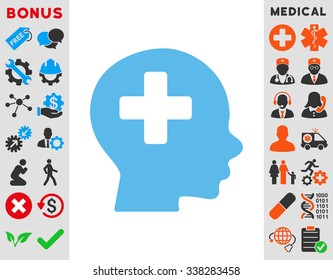 Head Medicine vector icon with bonus. Style is flat symbol, blue color, rounded angles, white background.