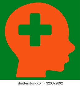 Head Medicine vector icon. Style is flat symbol, orange color, rounded angles, green background.