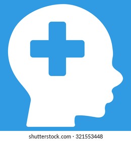 Head Medicine vector icon. Style is flat symbol, white color, rounded angles, blue background.