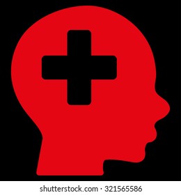 Head Medicine vector icon. Style is flat symbol, red color, rounded angles, black background.