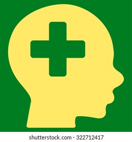 Head Medicine vector icon. Style is flat symbol, yellow color, rounded angles, green background.