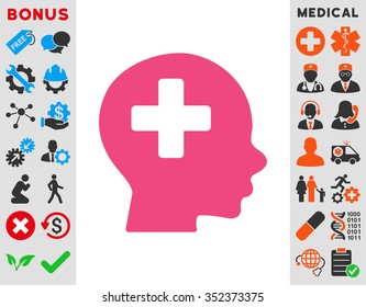 Head Medicine vector icon. Style is flat symbol, pink color, rounded angles, white background.