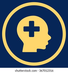 Head Medicine vector icon. Style is flat circled symbol, yellow color, rounded angles, blue background.