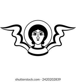 Head of medieval angel or cherub with wings and nimbus. Christian icon. Holy symbol. Black and white silhouette.