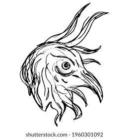 Head of a medieval demon or devil with bird's beak. Hand drawn linear doodle rough sketch. Black silhouette on white background.